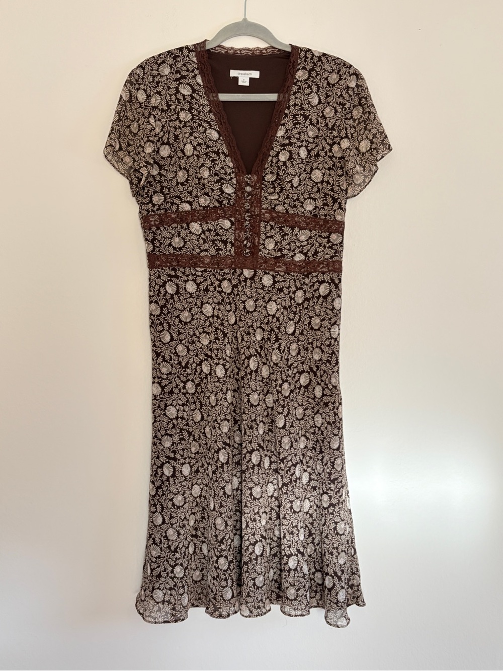 dressbarn Brown Floral Lace-Trim Midi Boho Cottagecore Praire Dress